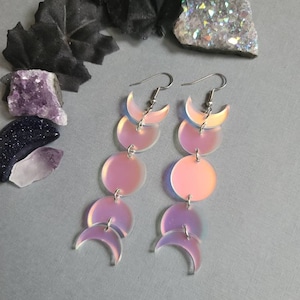 Frosted Iridescent Full Moon Phase Laser Cut Acrylic Earrings, witchy earrings, moon phase jewelry