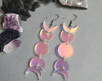 Frosted Iridescent Full Moon Phase Laser Cut Acrylic Earrings, witchy earrings, moon phase jewelry