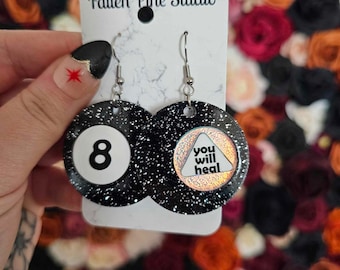 You Will Heal Magic Eight Balls Acrylic Earrings, laser cut earrings, tattoo flash earrings