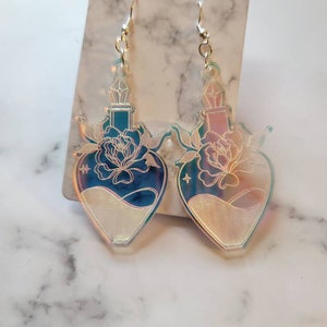 Iridescent Rose Potion Bottle Earrings - witchy dangle earrings - handmade jewelry - Halloween earrings