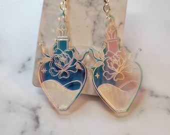 Iridescent Rose Potion Bottle Earrings - witchy dangle earrings - handmade jewelry - Halloween earrings