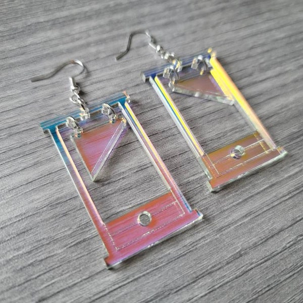 Iridescent Guillotine Acrylic Earrings, laser cut eat the rich earrings, spooky earrings, gifts for her