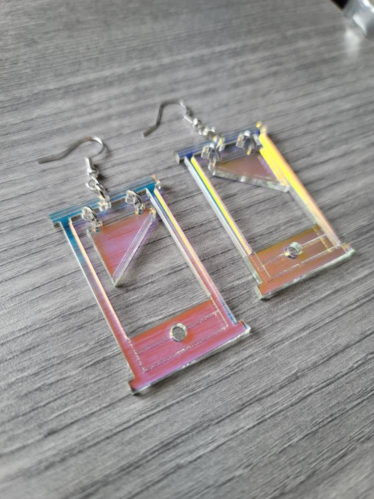 Iridescent Guillotine Acrylic Earrings, laser cut eat the rich earrings, spooky earrings, gifts for her