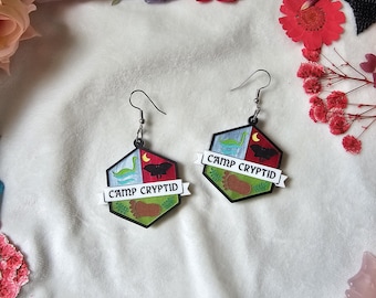 Camp Cryptid Scout Badge laser cut acrylic earrings, summer camping earrings, summerween accessory