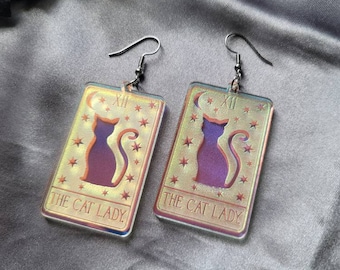 The Cat Lady Iridescent Tarot Card Acrylic Earrings, witchy gift for best friend, weird earrings, alternative earrings