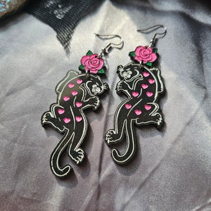 Crawling Love Panthers Laser Cut Acrylic Earrings, valentines earrings, heart earrings, tattoo flash, traditional tattoo earrings