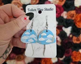 Cloudy Sky Mushrooms Acrylic Earrings, laser cut earrings, cottagecore earrings