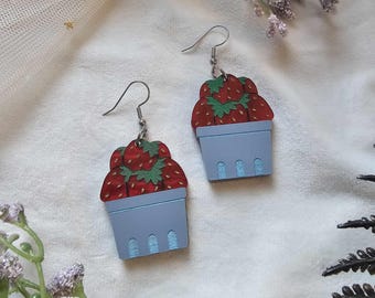 Strawberry Basket Acrylic Earrings, laser cut earrings, cottagecore earrings