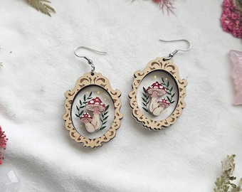 Framed Mushroom laser cut acrylic earrings, cottagecore earrings, spring fairy jewelry