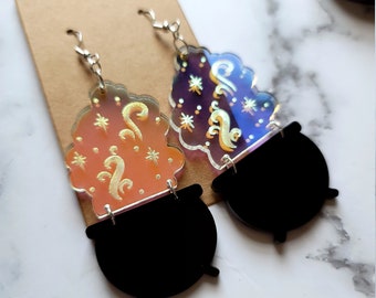 Iridescent Witches Cauldron Earrings -  read description! - laser engraved acrylic earrings, gothic dangle earrings, witchy gifts for wife
