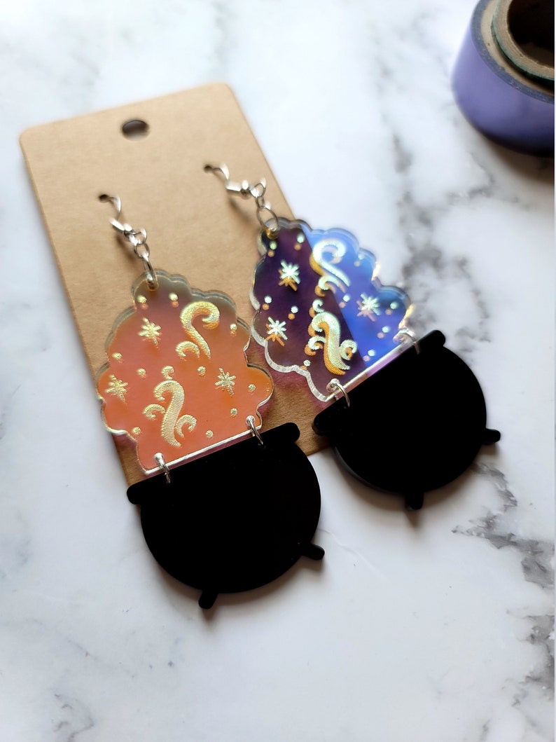 Iridescent Witches Cauldron Earrings -  read description! - laser engraved acrylic earrings, gothic dangle earrings, witchy gifts for wife 