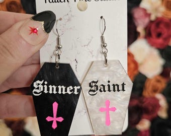 Saint and Sinner Acrylic Earrings, valentines day gift for her, laser cut earrings, traditional tattoo earrings