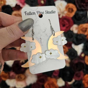 Frosted Iridescent Cloudy Moons Acrylic Earrings, laser cut earrings, celestial earrings