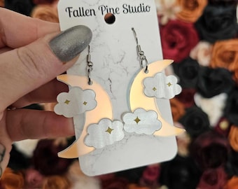 Frosted Iridescent Cloudy Moons Acrylic Earrings, laser cut earrings, celestial earrings