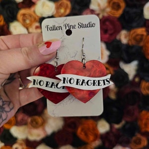 No Ragrets Acrylic Earrings, laser cut earrings, tattoo flash earrings