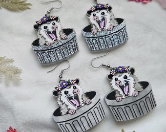 Spring Trash Opossum  laser cut acrylic earrings, cottagecore earrings, funny feral jewelry