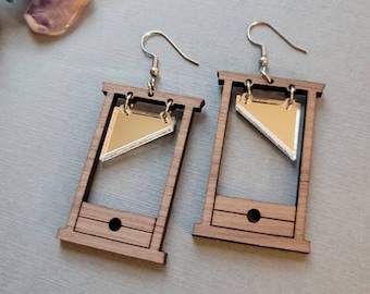 Guillotine laser cut earrings, wood and silver mirror dangle earrings, Halloween, revolution earrings, Gothic jewelry - handmade jewelry