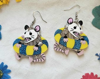 Feral Swimming Opossums laser cut acrylic earrings, gothic summer earrings, summerween jewelry