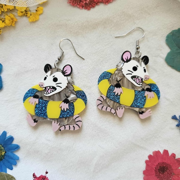 Feral Swimming Opossums laser cut acrylic earrings, gothic summer earrings, summerween jewelry