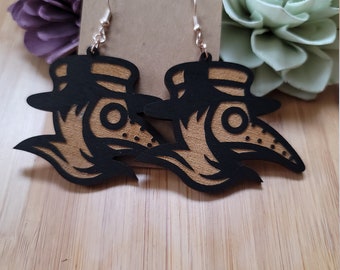 Plague Doctor laser engraved earrings, gifts for her, Halloween, witch, dangle wood earrings, horror gothic earrings - handmade jewelry