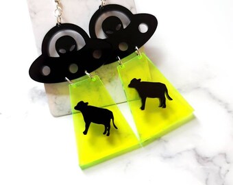 UFO Cow Abuction Laser Cut Acrylic Earrings - statement earrings - alien spaceship dangle earrings