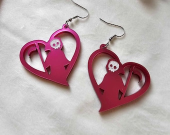 Pink Metallic Grim Reaper Hearts Acrylic Earrings, halloween earrings, spooky jewelry, gothic dangle earrings