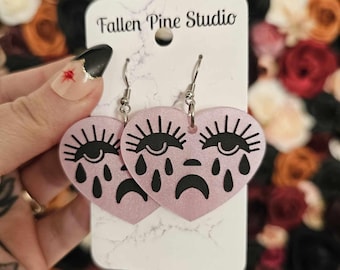 Pink Crying Hearts Acrylic Earrings, valentines day gift for her, laser cut earrings, traditional tattoo earrings