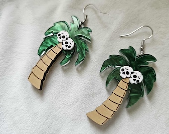 Skull Palm Tree laser cut acrylic earrings, gothic summer earrings, summerween jewelry