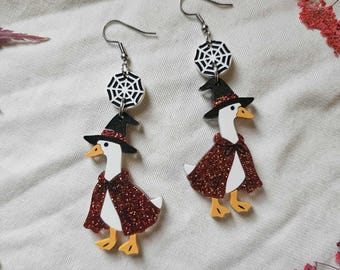 Witch Goose Acrylic Earrings, halloween earrings, spooky jewelry, gothic dangle earrings
