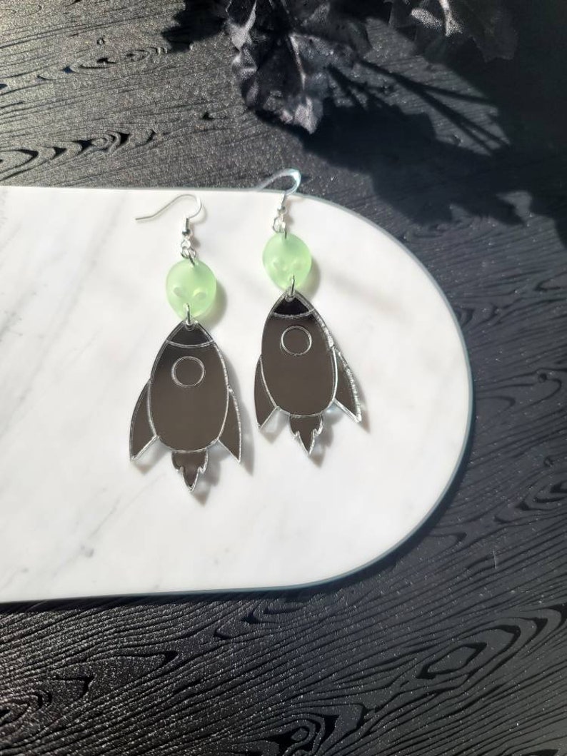 Silver Mirror Rocketship Alien Acrylic Earrings Dangle, outer space earrings, weird earrings for best friend, fun dangle earrings image 3