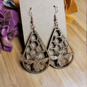 Wooden bee honeycomb earrings, laser cut bumble bee earrings, cute bee jewelry