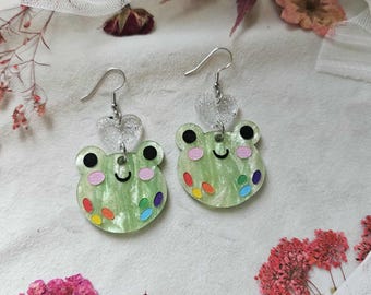 Rainbow Pride Frog Acrylic Earrings, cottagecore earrings, pride jewelry, laser cut dangle earrings