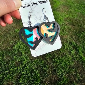 Iridesecent and Black Bat Heart Laser Cut Acrylic Earrings, halloween earrings, spooky jewelry, bat dangle earrings