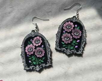 Framed Eye Flowers laser cut acrylic earrings, gothic summer earrings, halloween jewelry