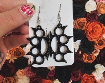 Black Glitter Brass Knuckle Acrylic Earrings Dangle, aesethic earrings, alternative earrings