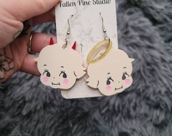Angel and Devil Kewpie Acrylic Earrings, valentines day gift for her, laser cut earrings, traditional tattoo earrings