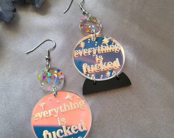 Everything is F'd Acrylic Dangle Earrings, crystal ball earrings, witchy jewelry, Halloween earrings