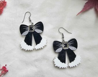Black Marble Santa Bows Acrylic Earrings, nostalgic christmas earrings, holiday handmade jewelry