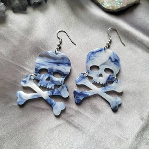 Blueberry Swirl Skull and Bones Acrylic Dangle Earrings, horror earrings, witchy jewelry, Halloween earrings