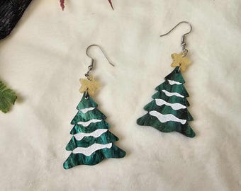 Snowy Pine Tree Acrylic Earrings, nostalgic christmas earrings, holiday handmade winter jewelry