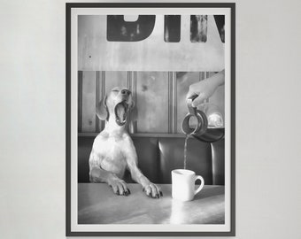 Kawa dla psów Wydruk, Czarno-biały, Fotografia w stylu vintage, Zabawna sztuka ścienna do kuchni, Wystrój jadalni, Pobieranie cyfrowe, Wystrój kawiarni