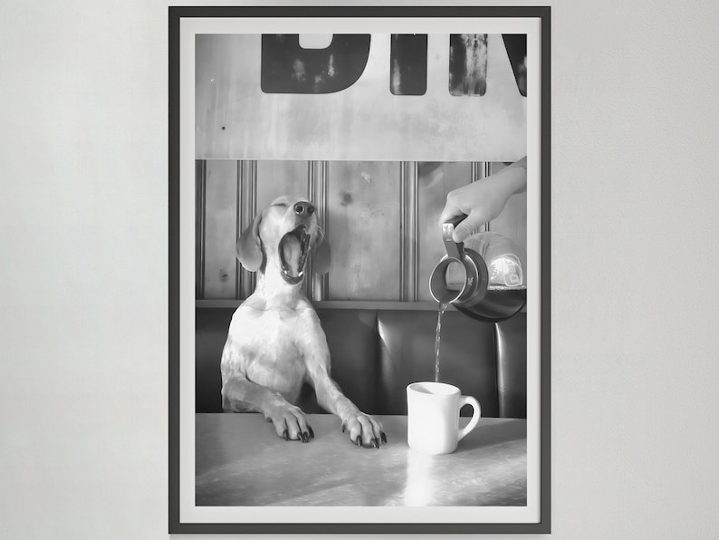 Coffee for Dogs Print, Black and White, Vintage Photography, Funny Kitchen Wall Art, Dining Room Decor, Digital Download, Coffee Shop Decor