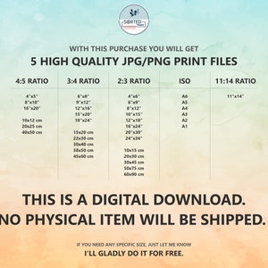 May include: Digital download print file details, including 4:5, 3:4, 2:3, ISO, and 11:14 ratios. Sizes range from 4"x5" to 24"x36" and A6 to A1. Text states "This is a digital download. No physical item will be shipped."