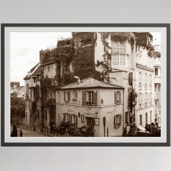 La Maison Rose, Paris Photography, Montmartre, Black and White, Vintage Paris Print, French Home Decor, Digital Download, Restaurant Decor