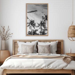 Vintage Surfing Poster Palm Tree Print Black and White Coastal Wall Art California Beach Photography Beachy Room Decor Digital Download
