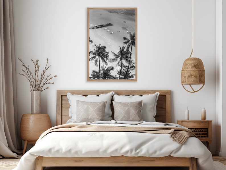 Vintage Surfing Poster Palm Tree Print Black and White Coastal Wall Art California Beach Photography Beachy Room Decor Digital Download
