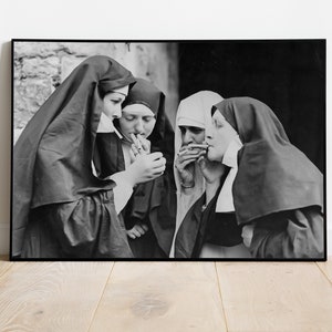 Nuns Smoking Print: Black and White Vintage Printable Wall Art (Digital Download)