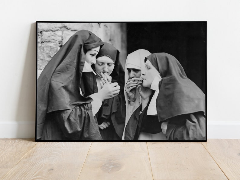 Nuns Smoking Print: Black and White Vintage Printable Wall Art (Digital Download)