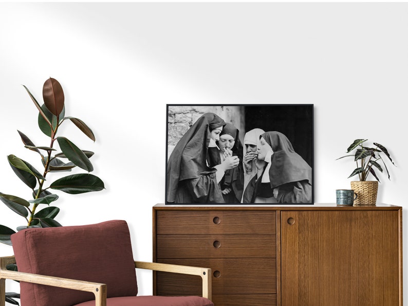 Nuns Smoking Print: Black and White Vintage Printable Wall Art (Digital Download)