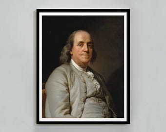 May include: Framed portrait of Benjamin Franklin, a historical figure, in a light gray coat and white shirt. The portrait is set against a dark background, with the subject looking directly at the viewer. The frame is black.